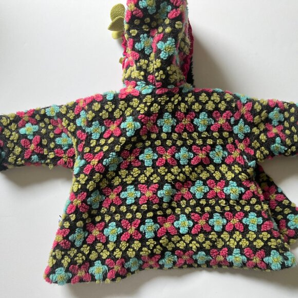 Vintage Baby Blue, Green, Pink and Black High Pile Flowers Fleece Hooded Coat - Picture 5 of 6